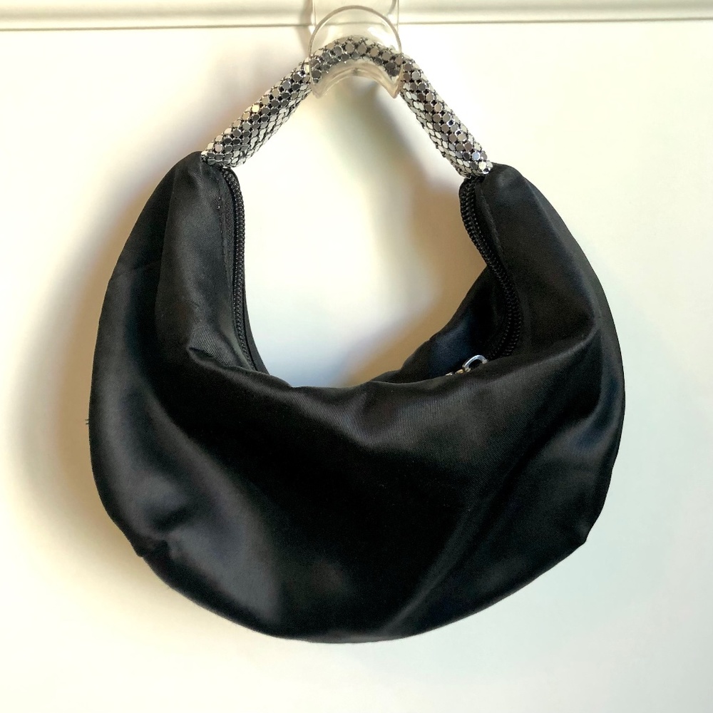 Black Satin Wristlet Clutch with Silver Handle